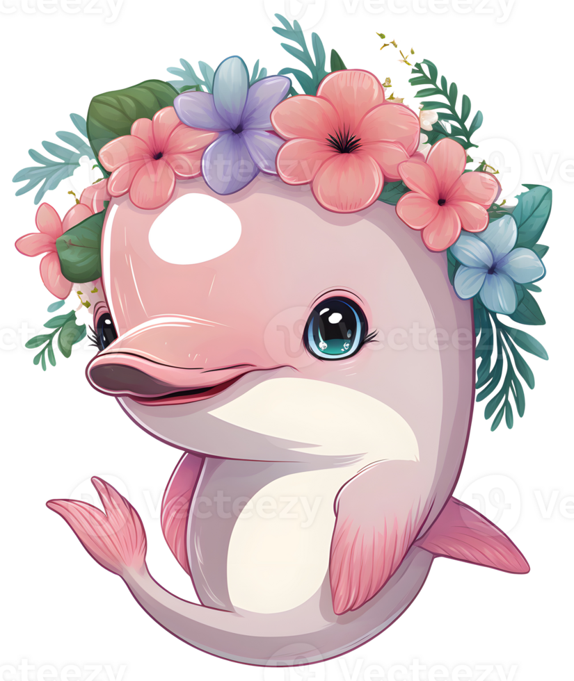 baby dolphin with floral vibe, png