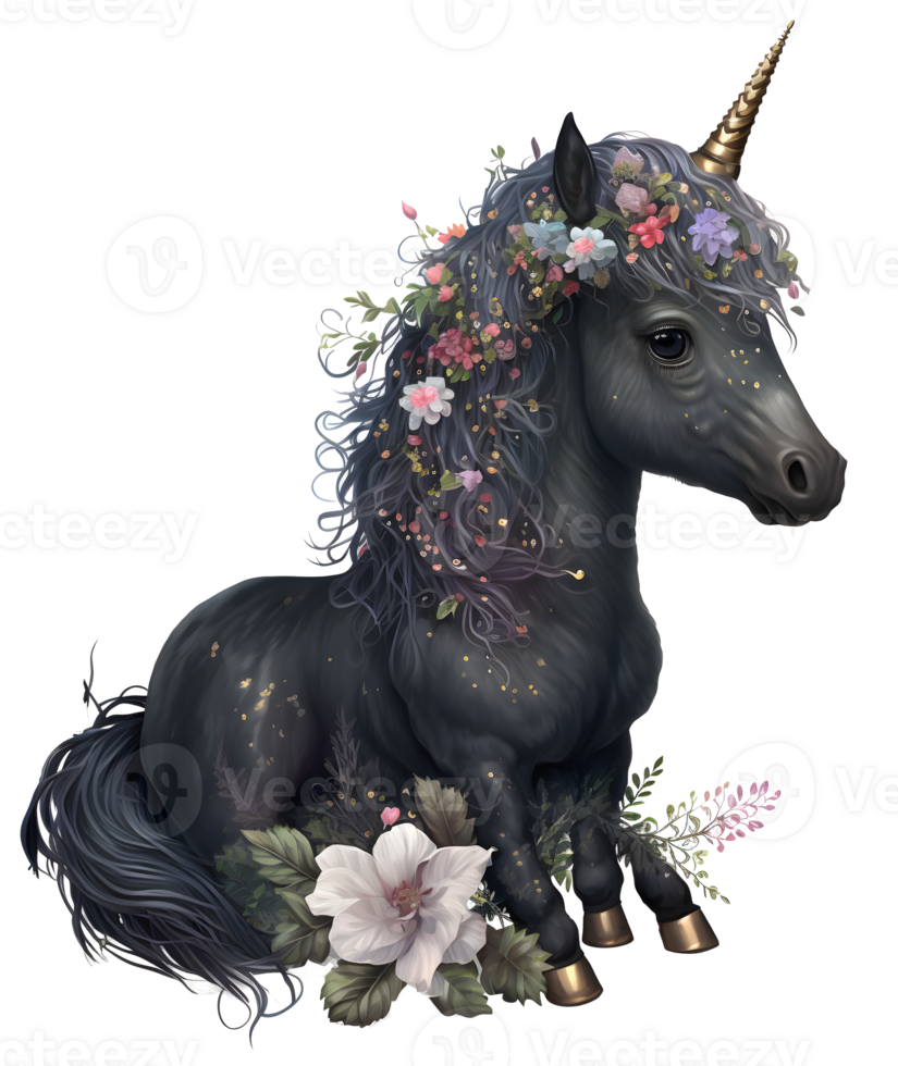 black floral unicorn, png