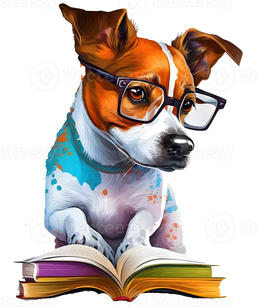 watercolor dog reading book, png