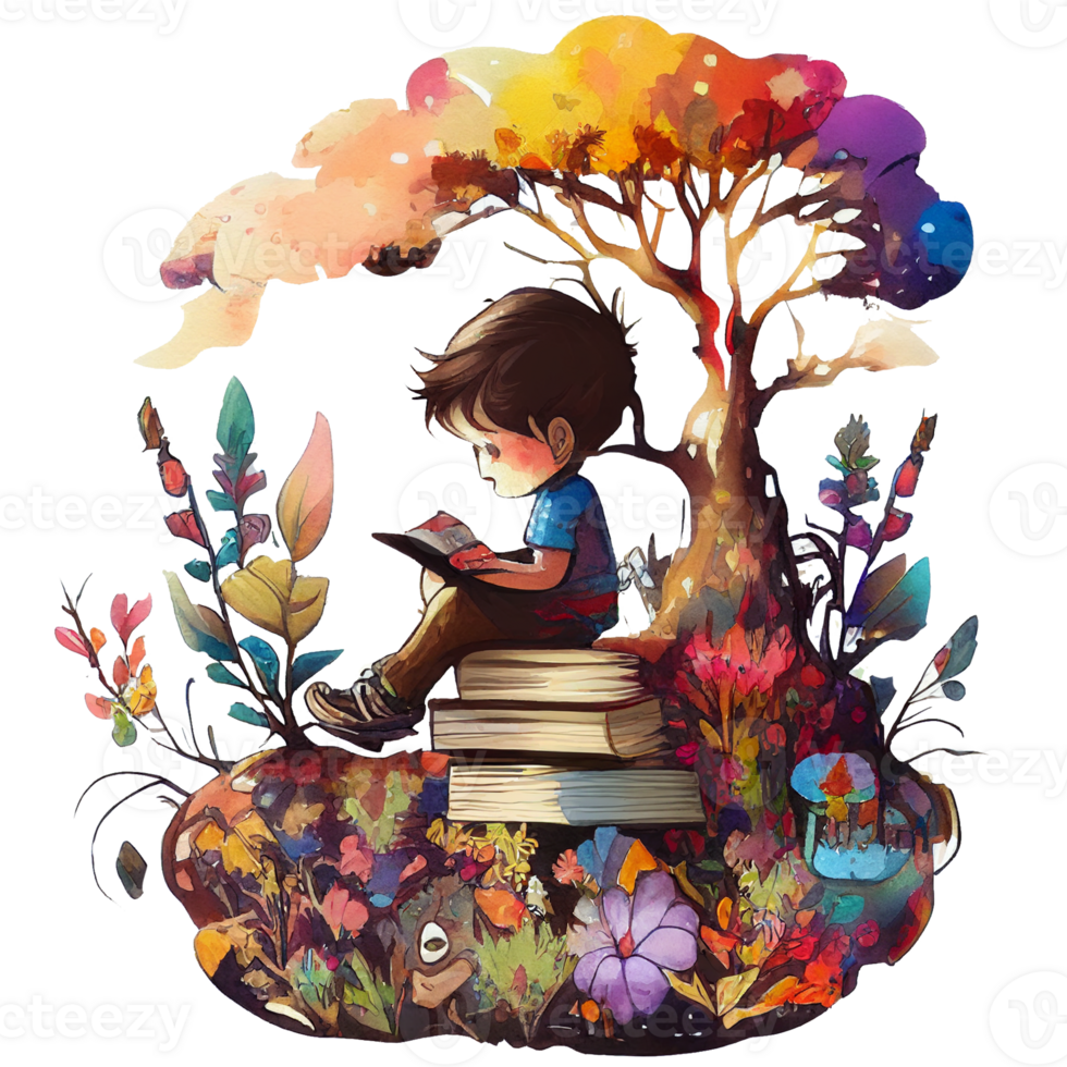 boy reading book watercolor, png