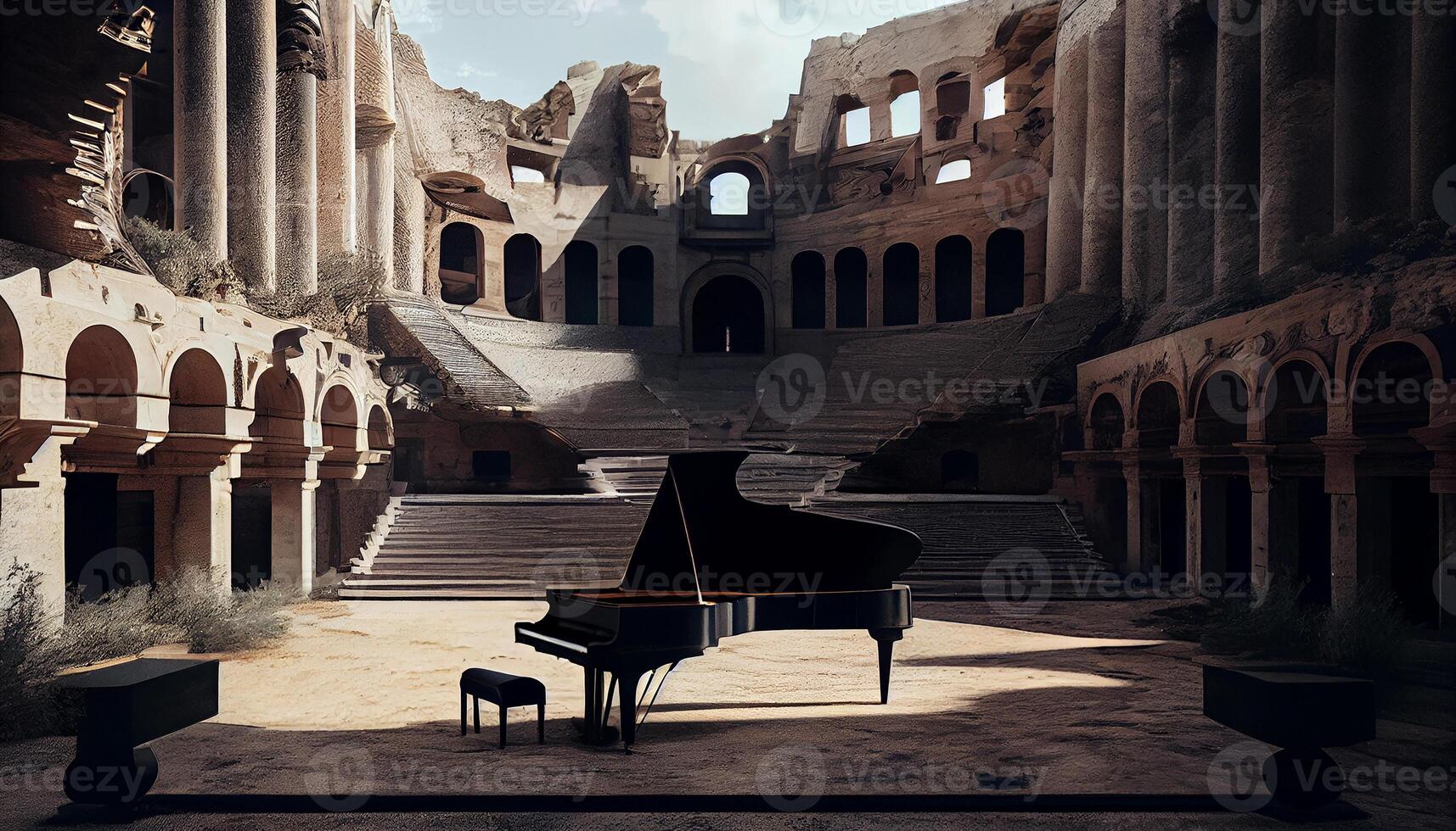 grand piano in old ruin of majestic ancient architecture , photo