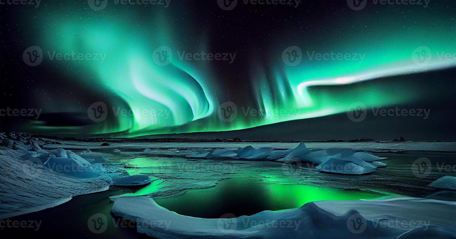 Arctic night illuminated by aurora, majestic mountain landscape , photo