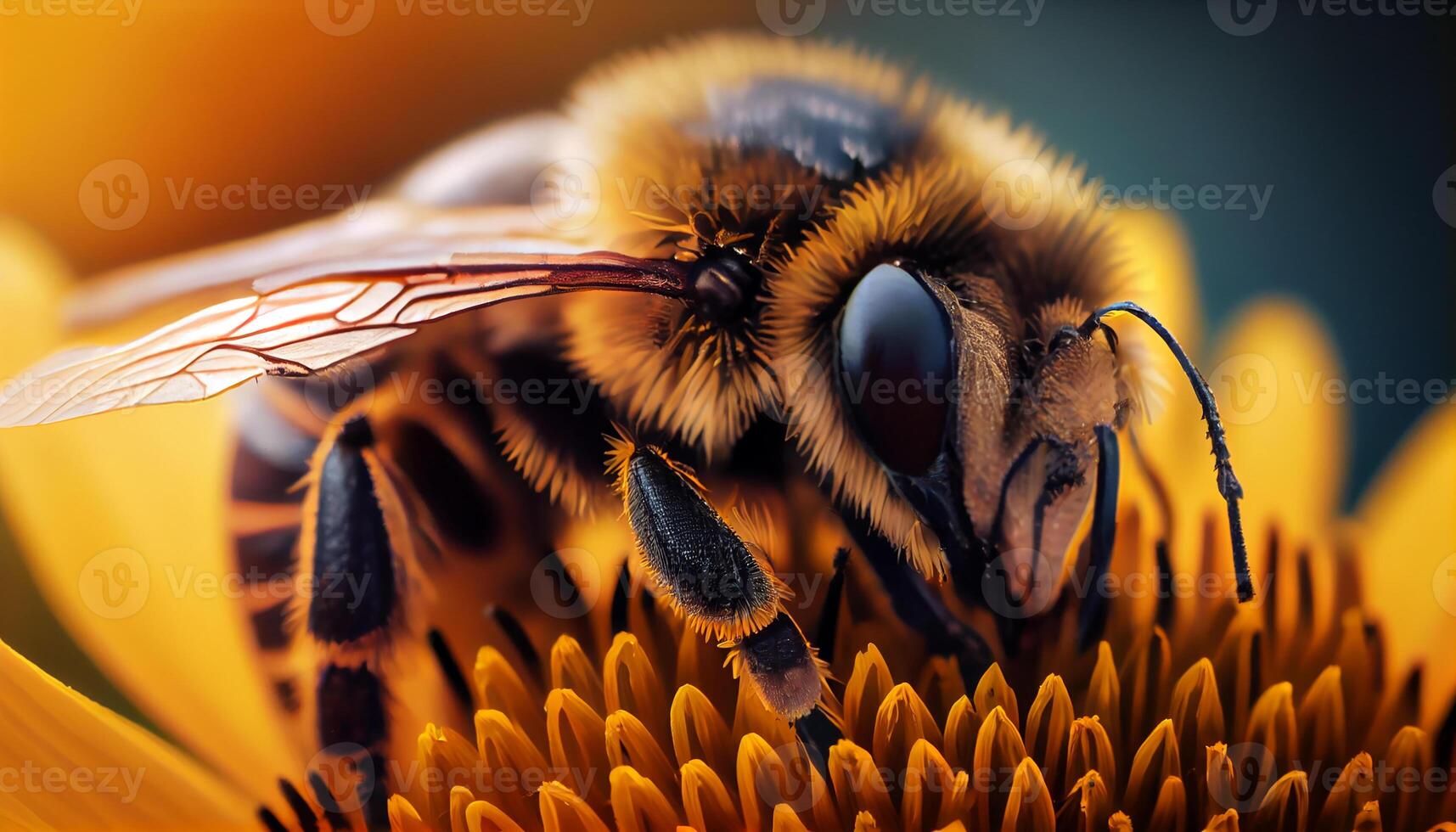 Close up of a yellow honey bee pollinating flower , photo