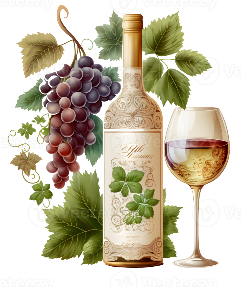 grapes and wine bottle, png