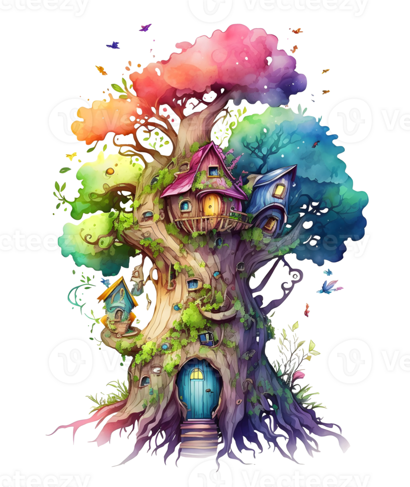 watercolor fairy tree house, png