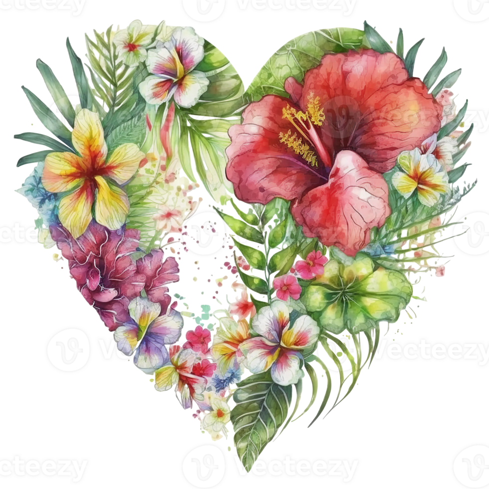 tropical leaves and flowers in a heart shape watercolor art, png