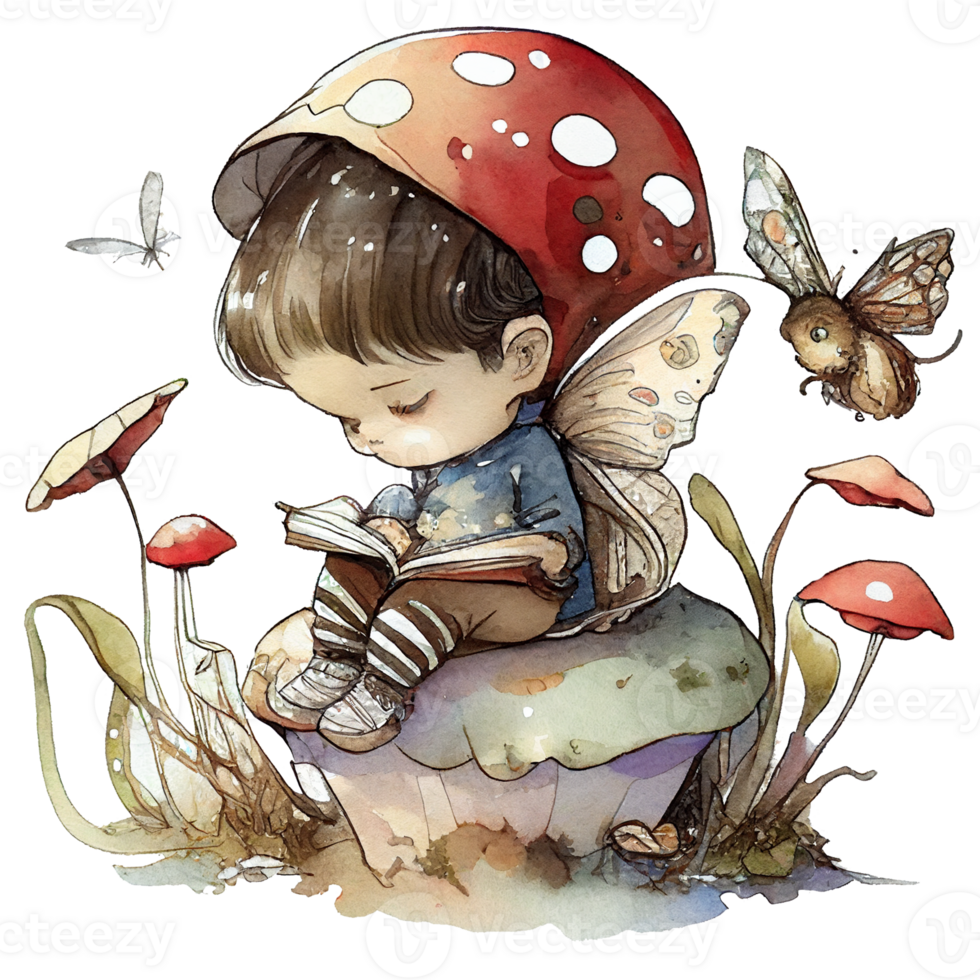 boy reading book under mushroom umbrellas, png