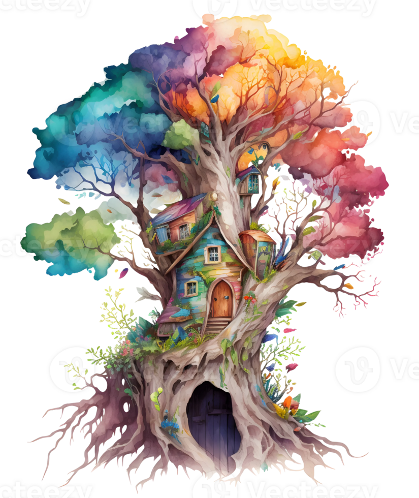 watercolor fairy tree house, png