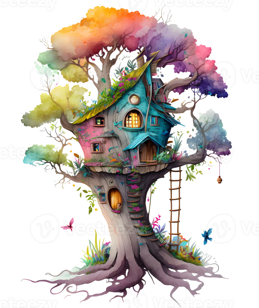 watercolor fairy tree house, png