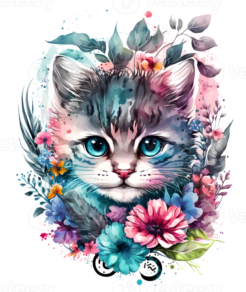 fofa adorável gato com floral vibrações, ai generativo png