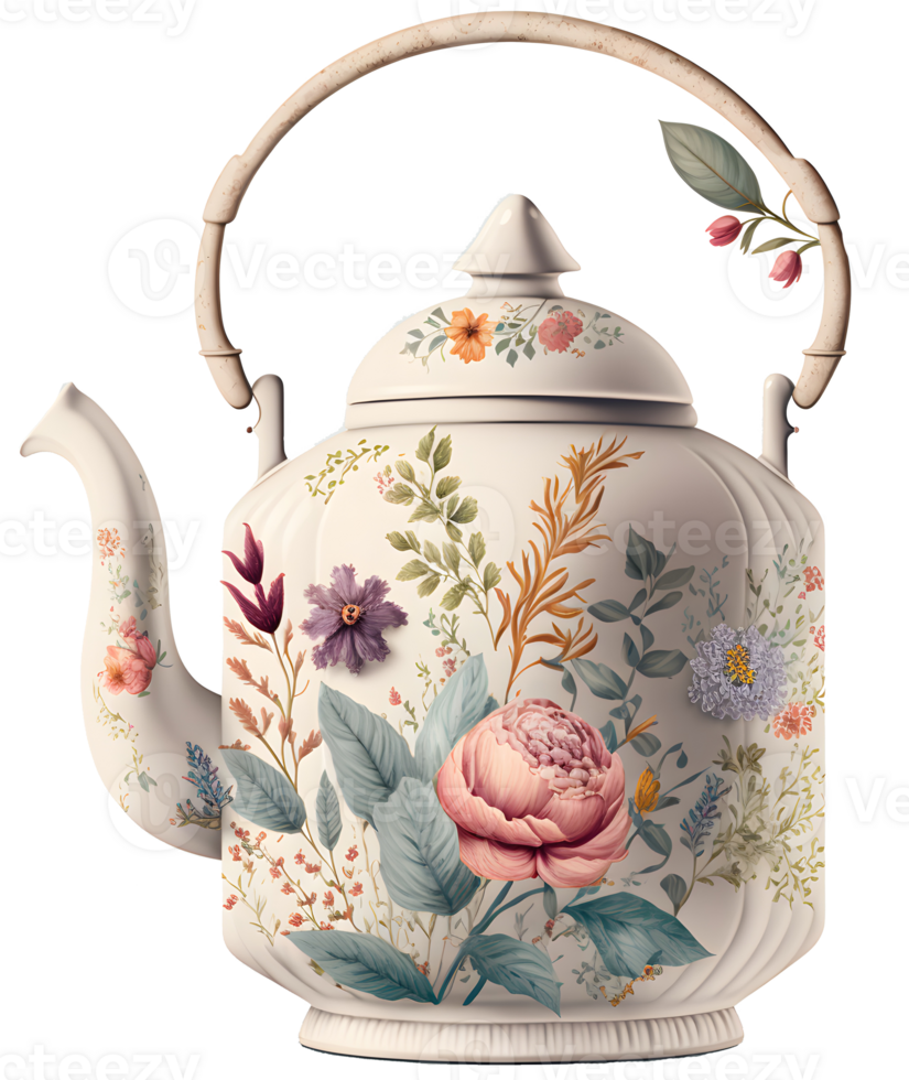 vintage floral tea pot, png