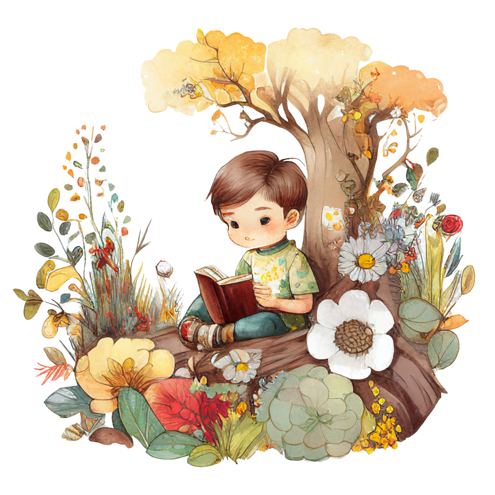 Boy reading book watercolor, png