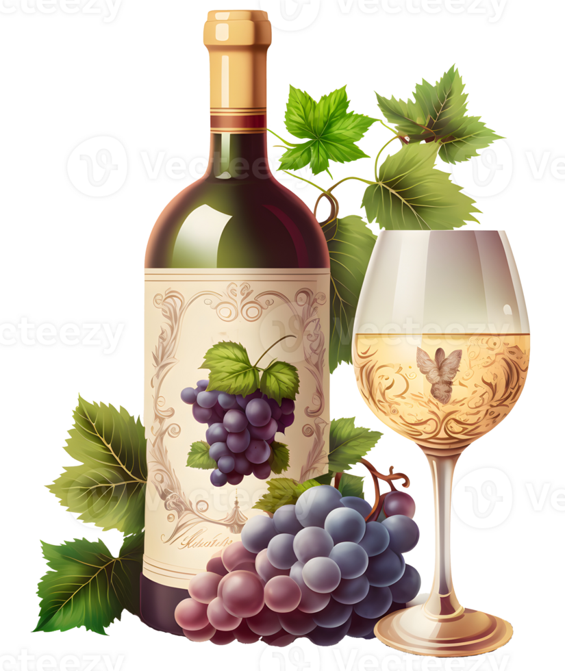 grapes and wine bottle, png