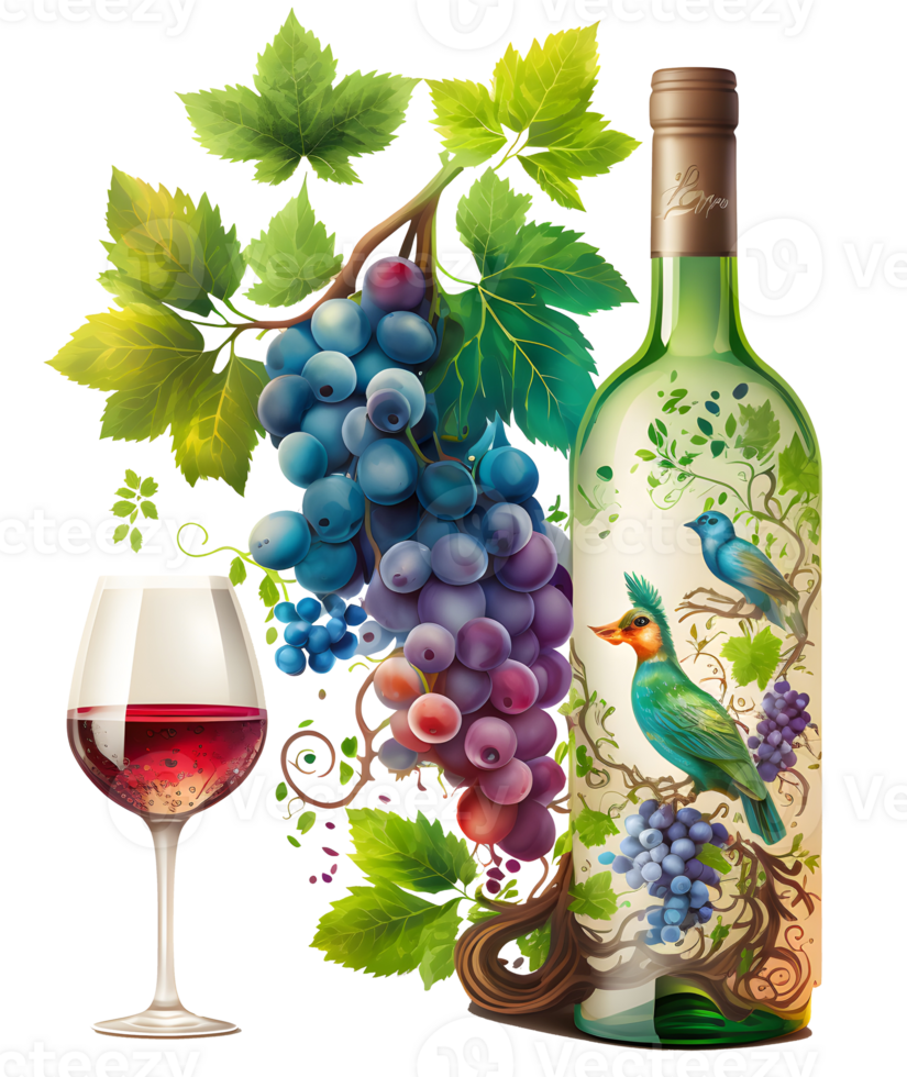 grapes and wine bottle, png