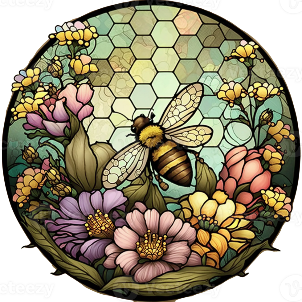 stained glass window style bee with flowers, png