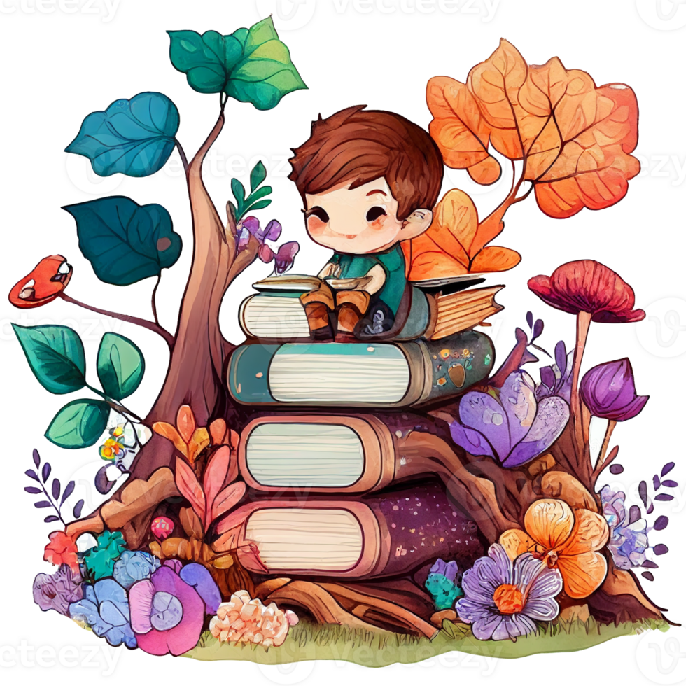Boy reading book on stacks of book, png