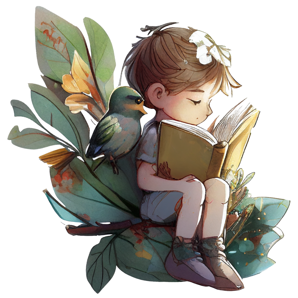 Boy reading book watercolor, png