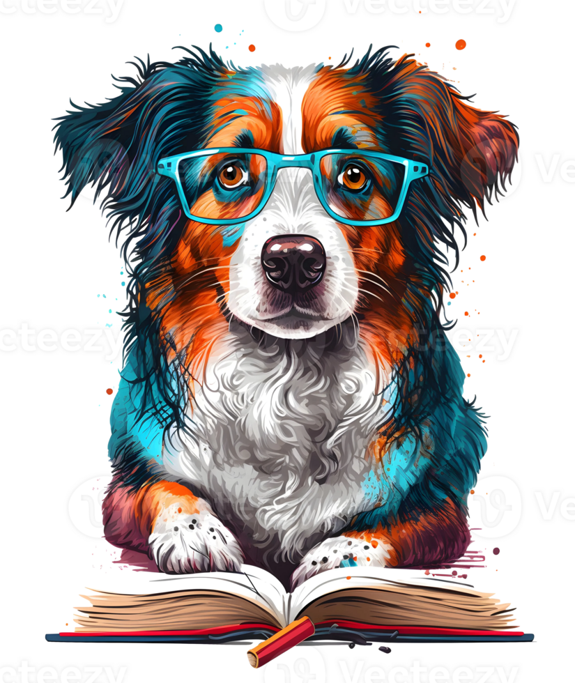 watercolor dog reading book, png