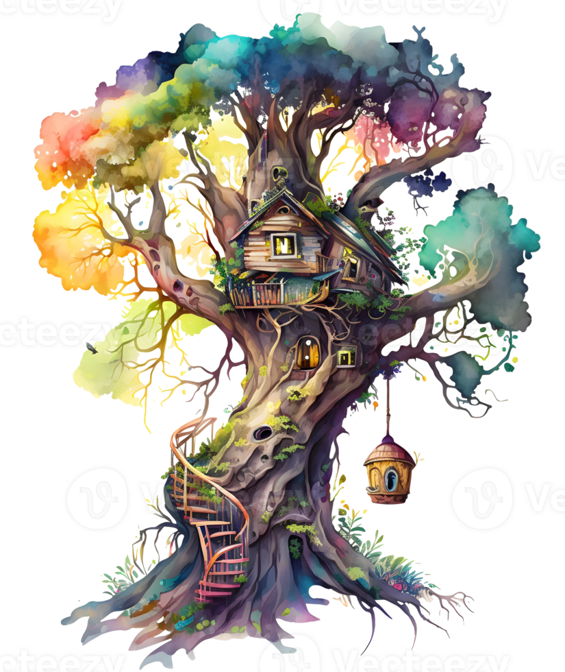 watercolor fairy tree house, png