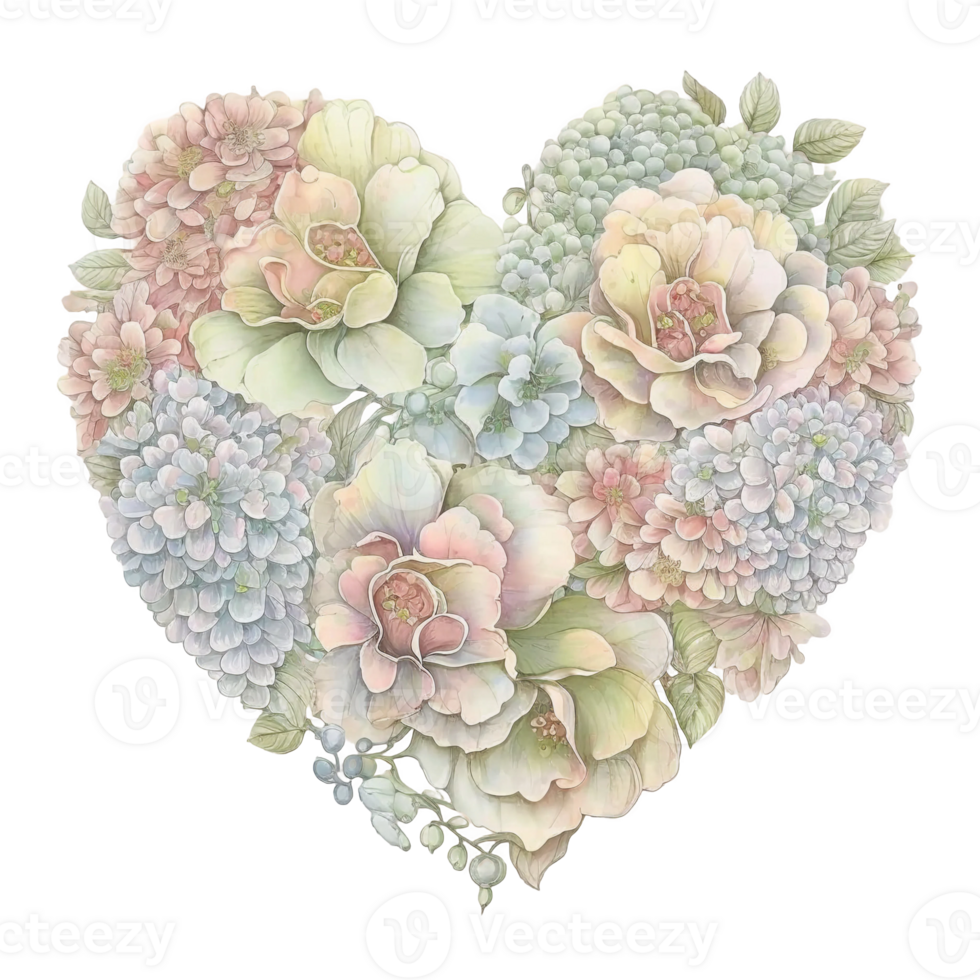 tropical leaves and flowers in a heart shape watercolor art, png