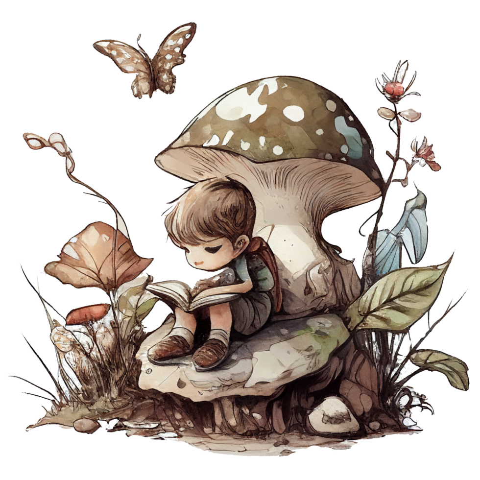 Boy reading book watercolor, png