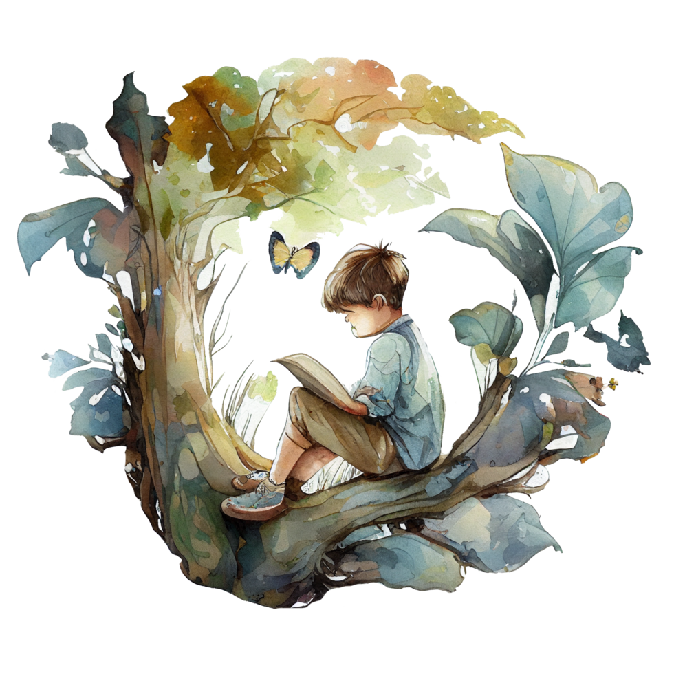 Boy reading book watercolor, png