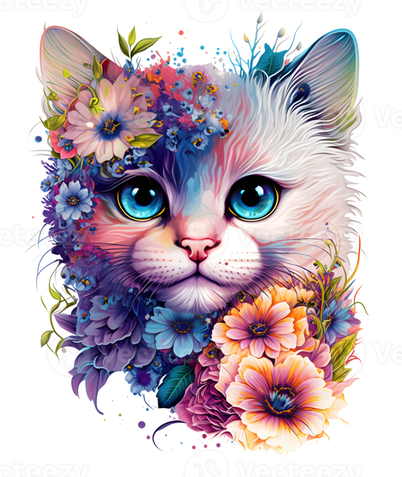 cute adorable cat with floral vibes, png