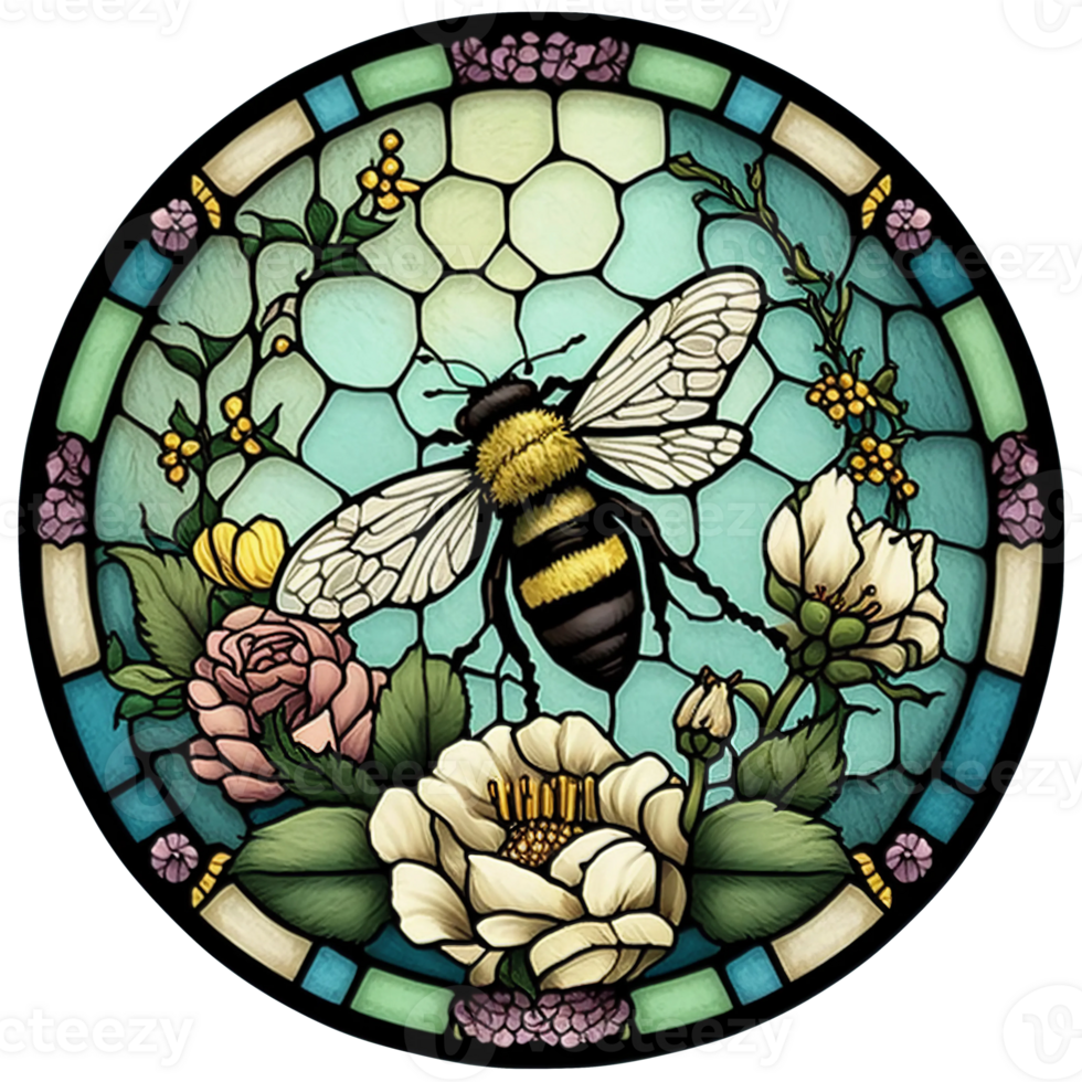 stained glass window style bee with flowers, png