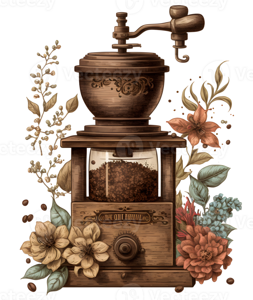 vintage coffee, grinder machine watercolor flowers, png