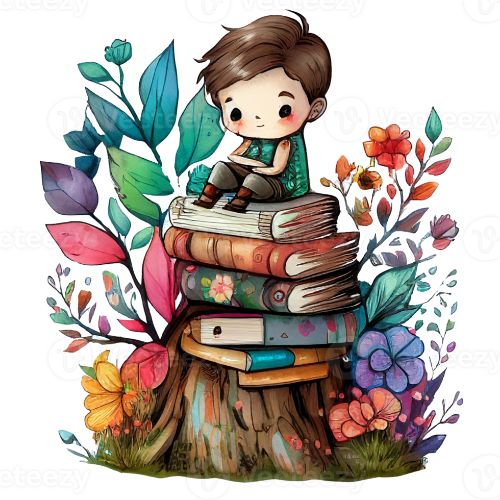 boy reading book watercolor, png