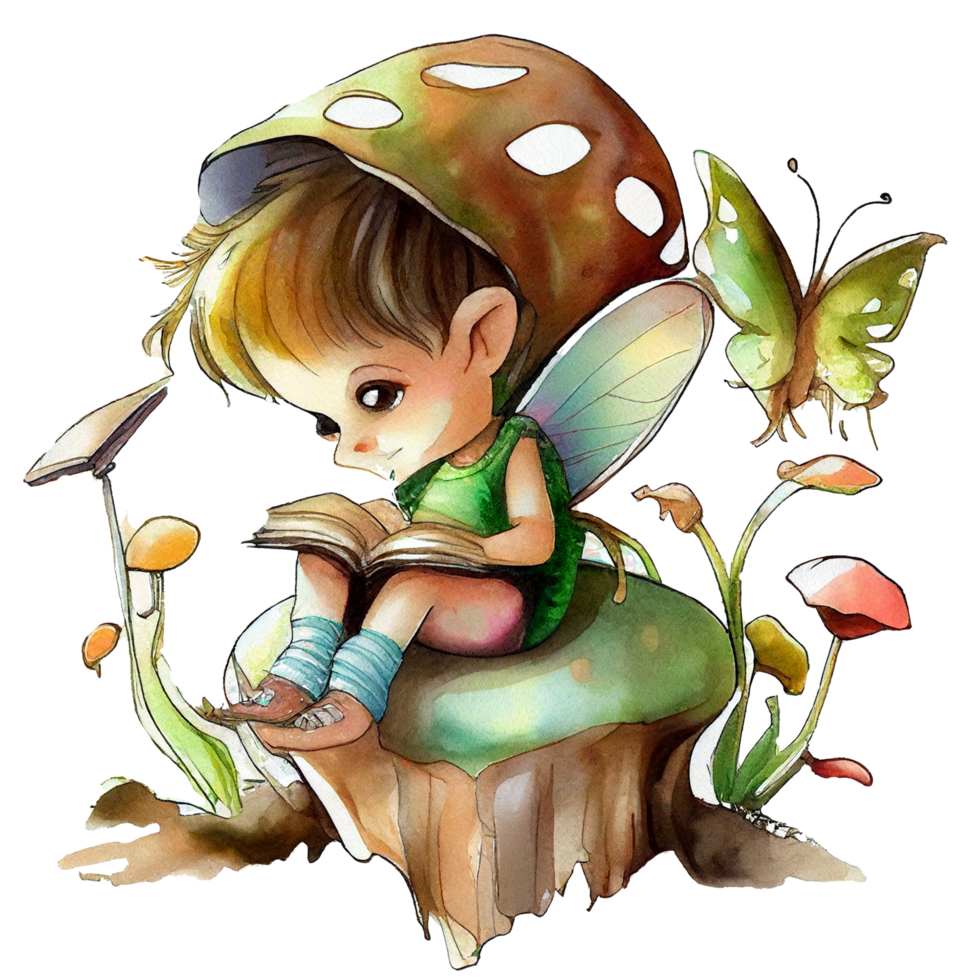 Boy reading book watercolor, png