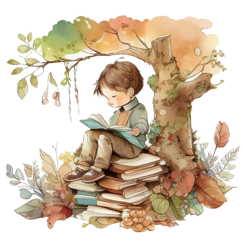 Boy reading book watercolor, png