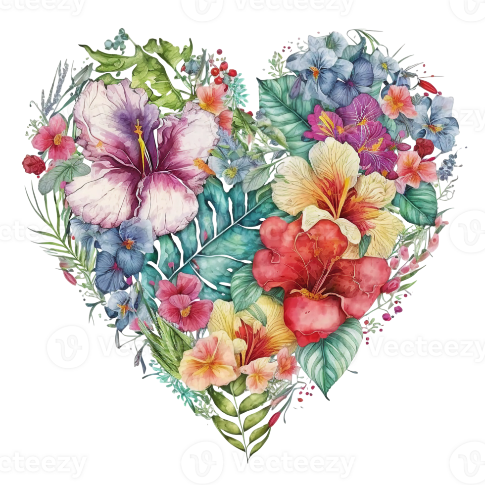 tropicale le foglie e fiori nel un' cuore forma acquerello arte, ai generativo png