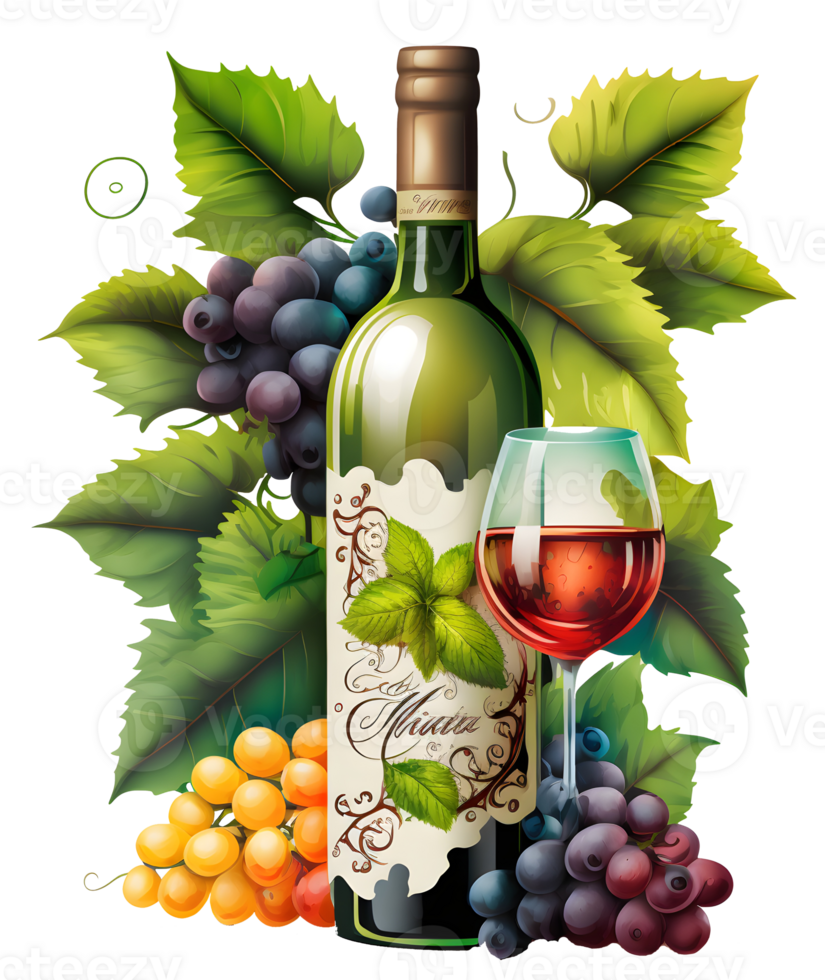 grapes and wine bottle, png