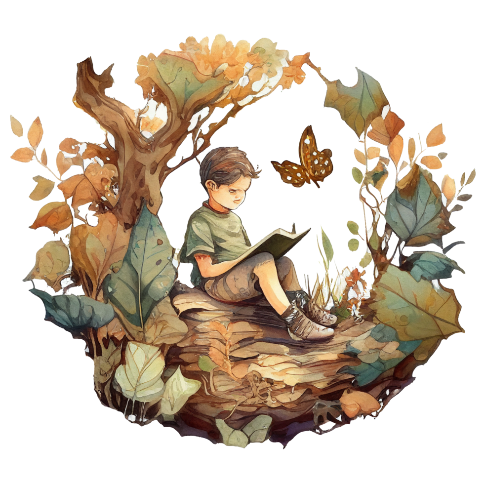 Boy reading book watercolor, png