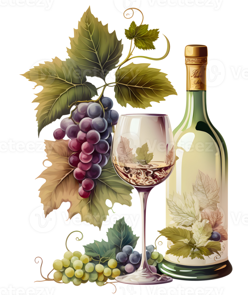 grapes and wine bottle, png