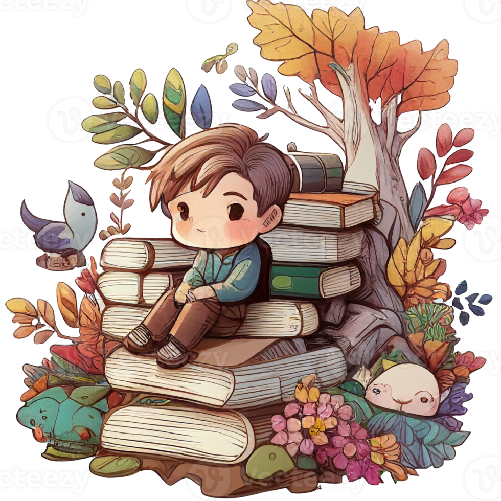 Boy reading book under tree, png