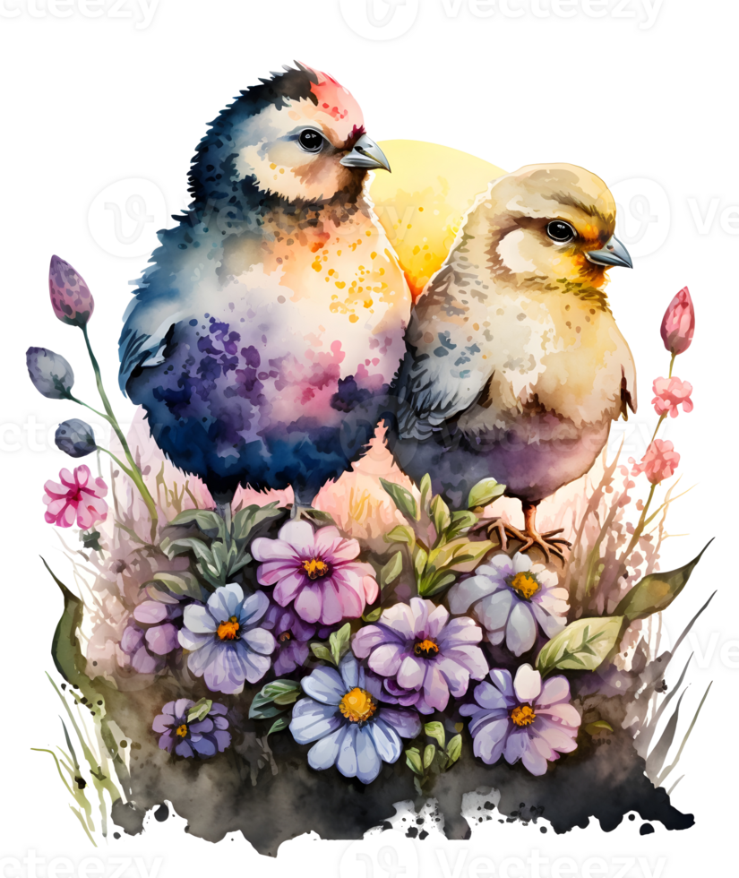 cute chicken couple watercolor, png