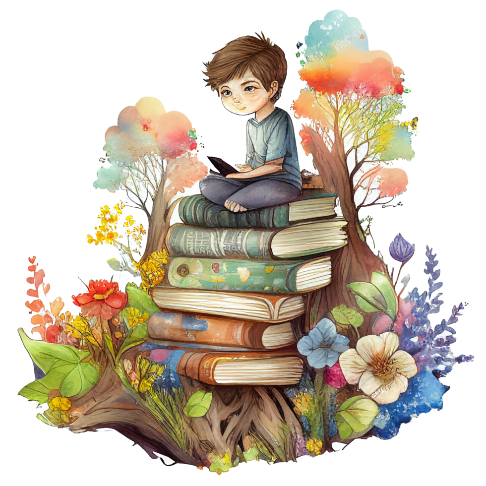 Boy reading book watercolor, png