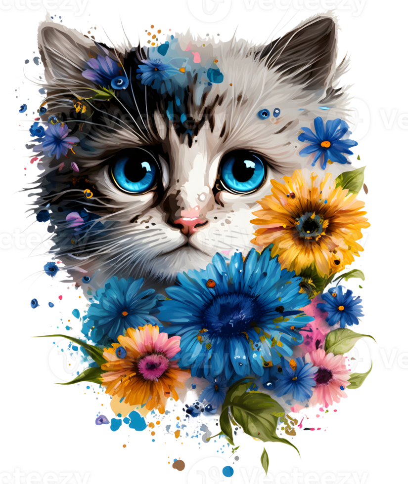 cute adorable cat with floral vibes, png