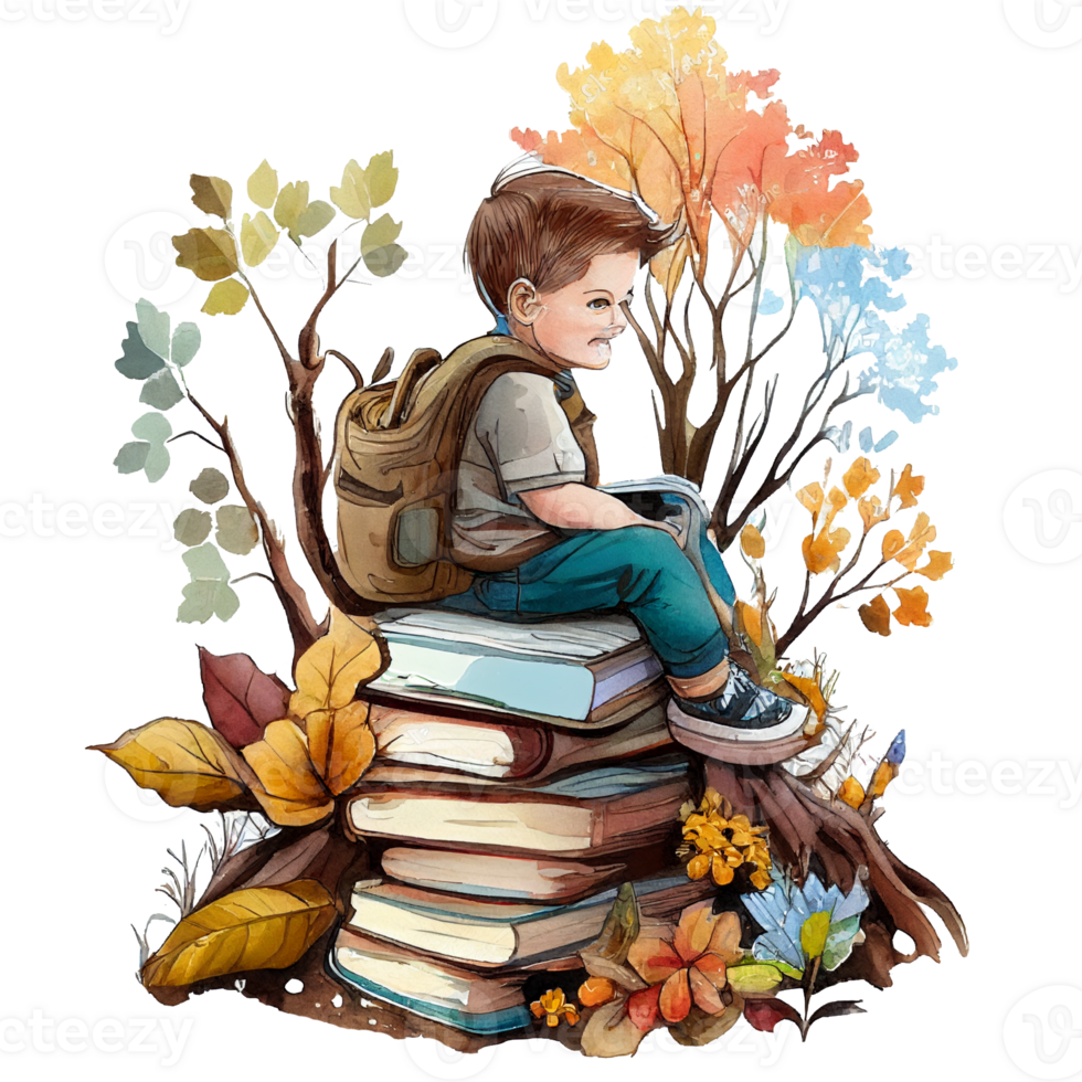 boy reading book watercolor, png