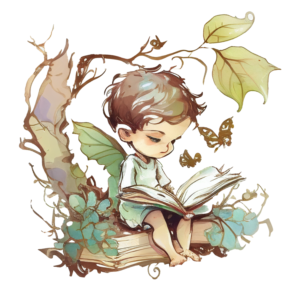 Boy reading book watercolor, png