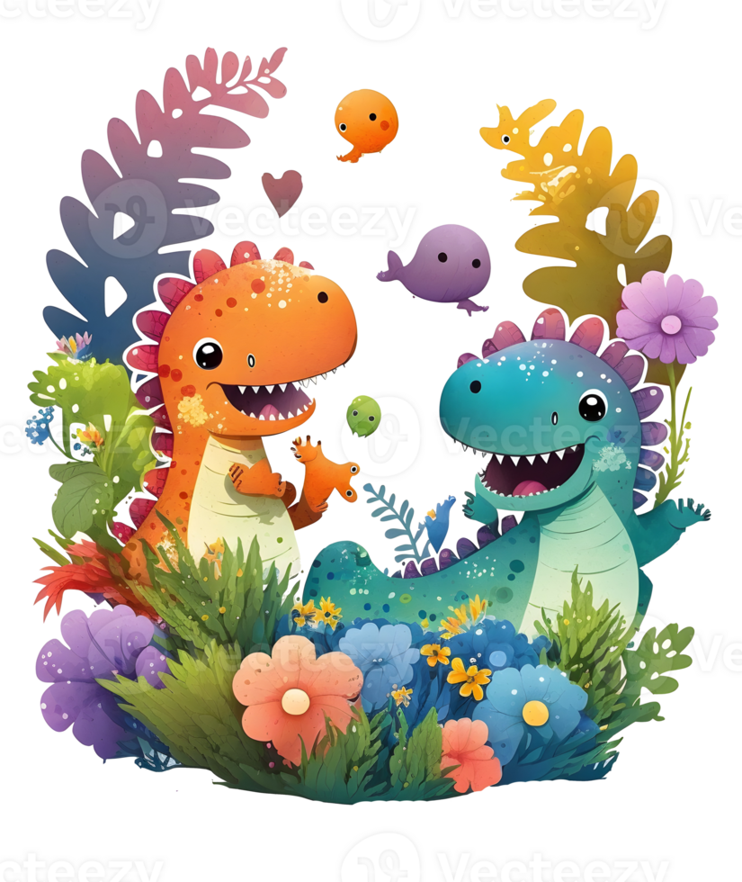 set of baby dragon with flowers and leaves in playful mode, png