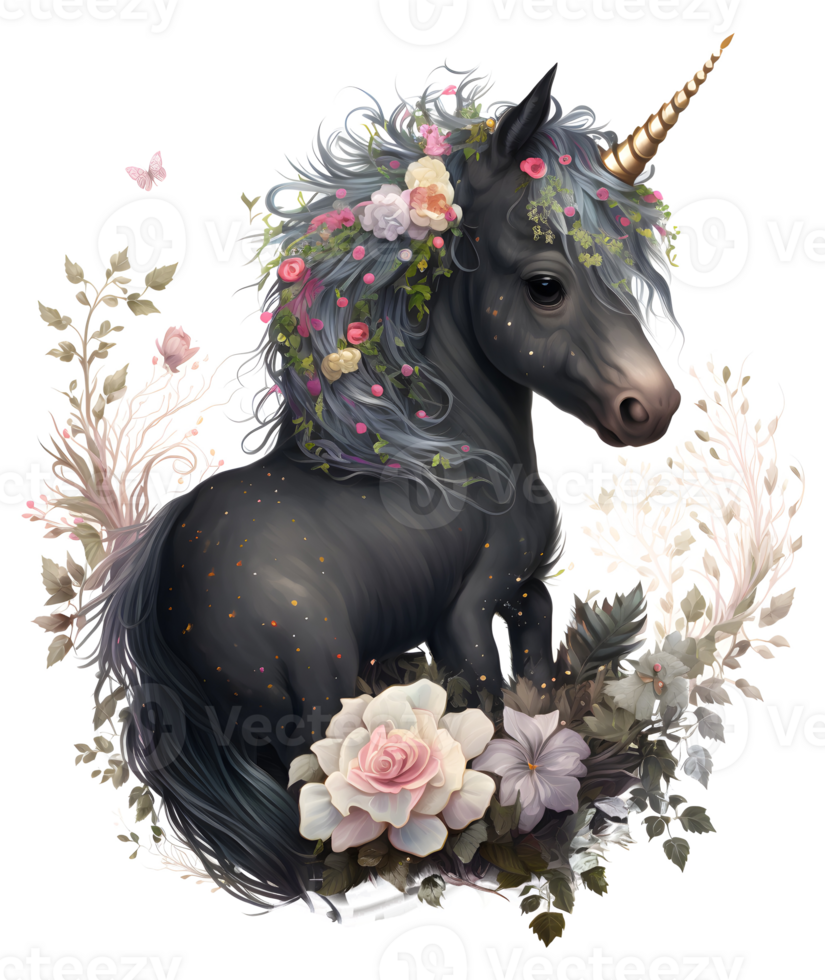 black floral unicorn, png
