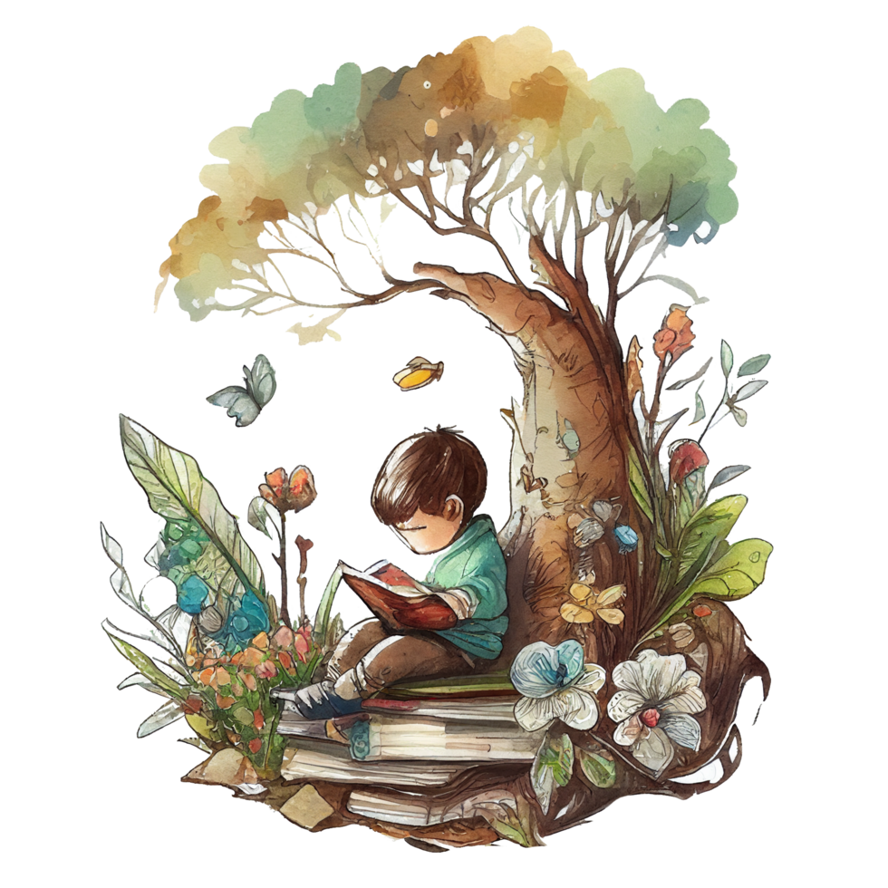 Boy reading book watercolor, png