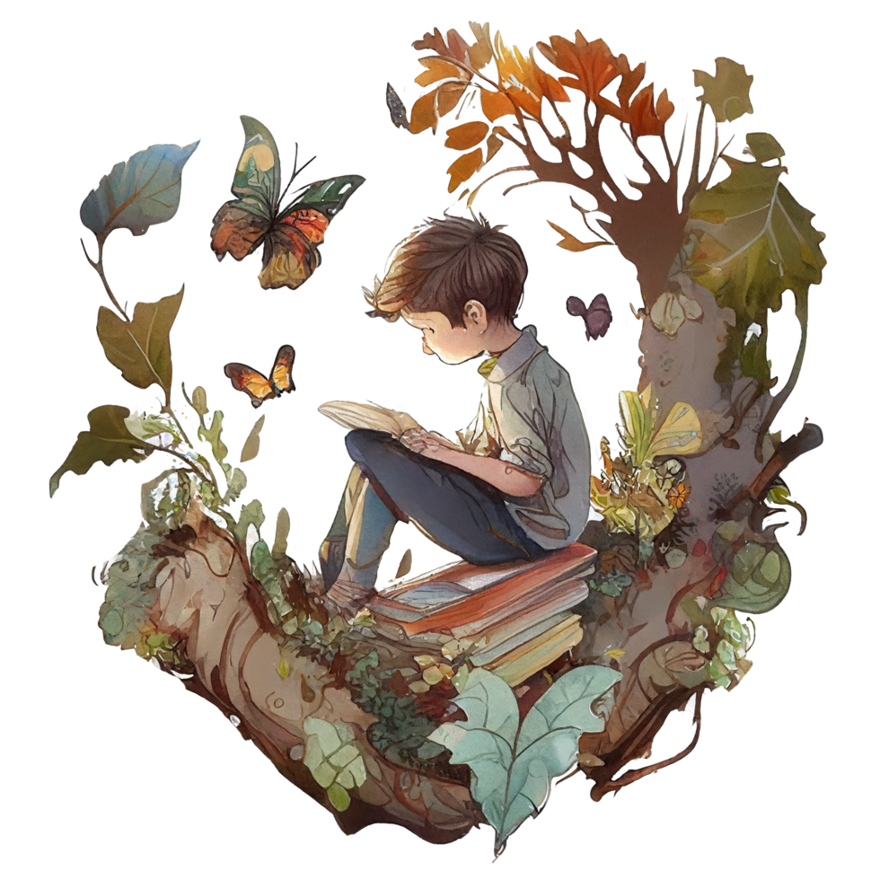Boy reading book watercolor, png
