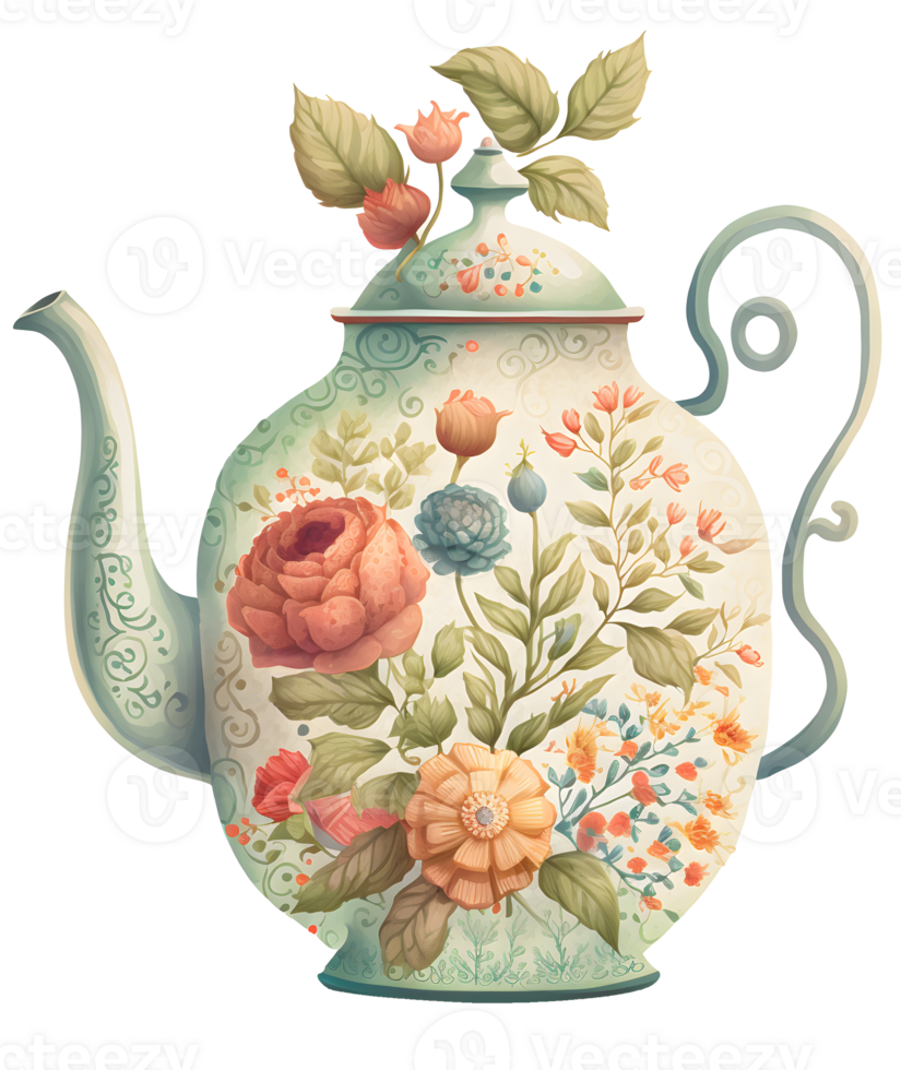 vintage floral tea pot, png