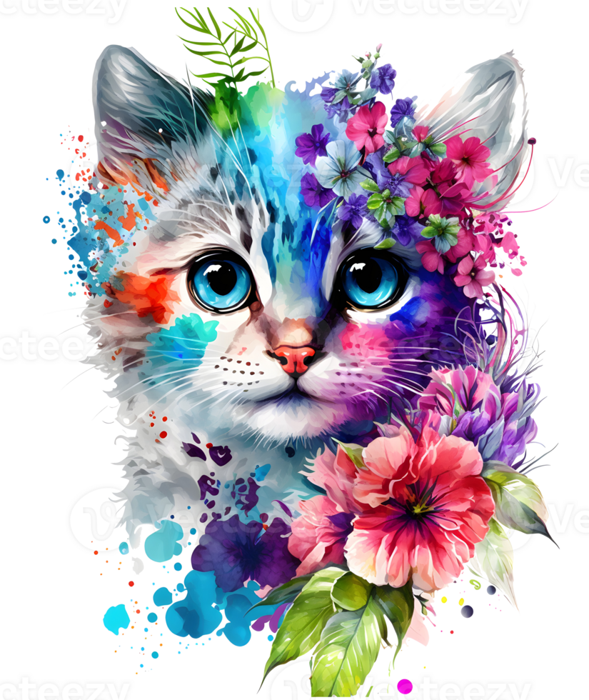 cute adorable cat with floral vibes, png