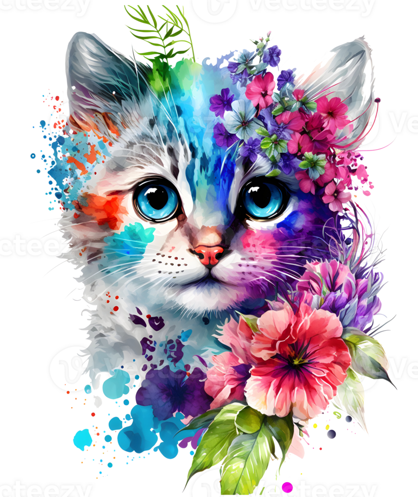 carino adorabile gatto con floreale vibrazioni, ai generativo png