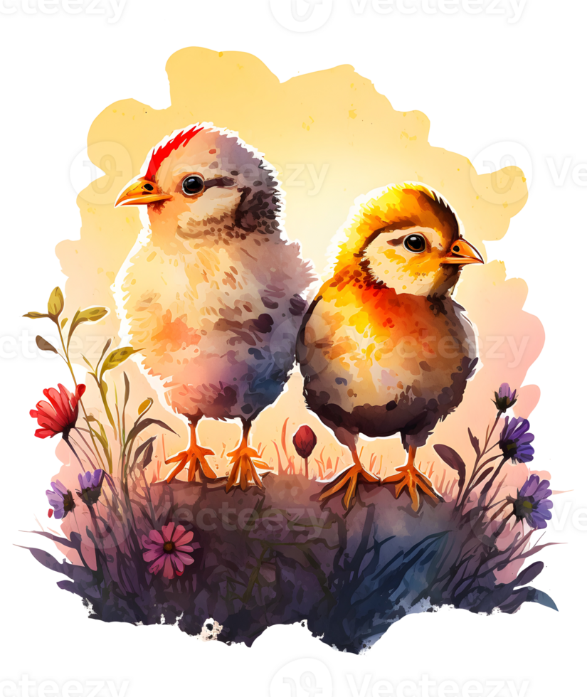 cute chicken couple watercolor, png